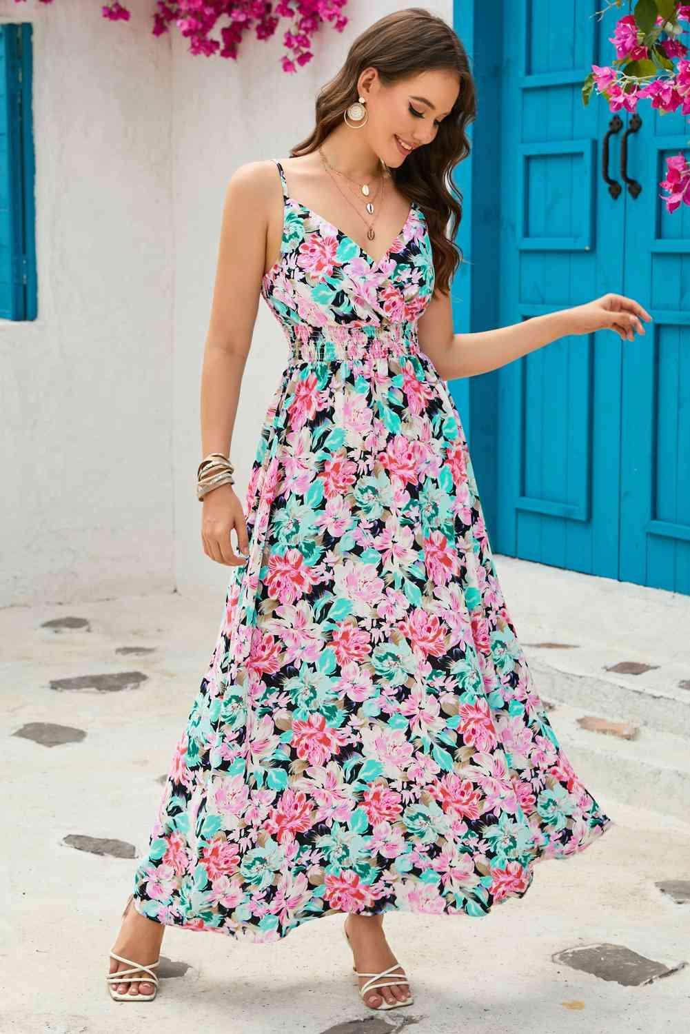 Floral Spaghetti Strap Surplice Neck Maxi Dress - 808Lush