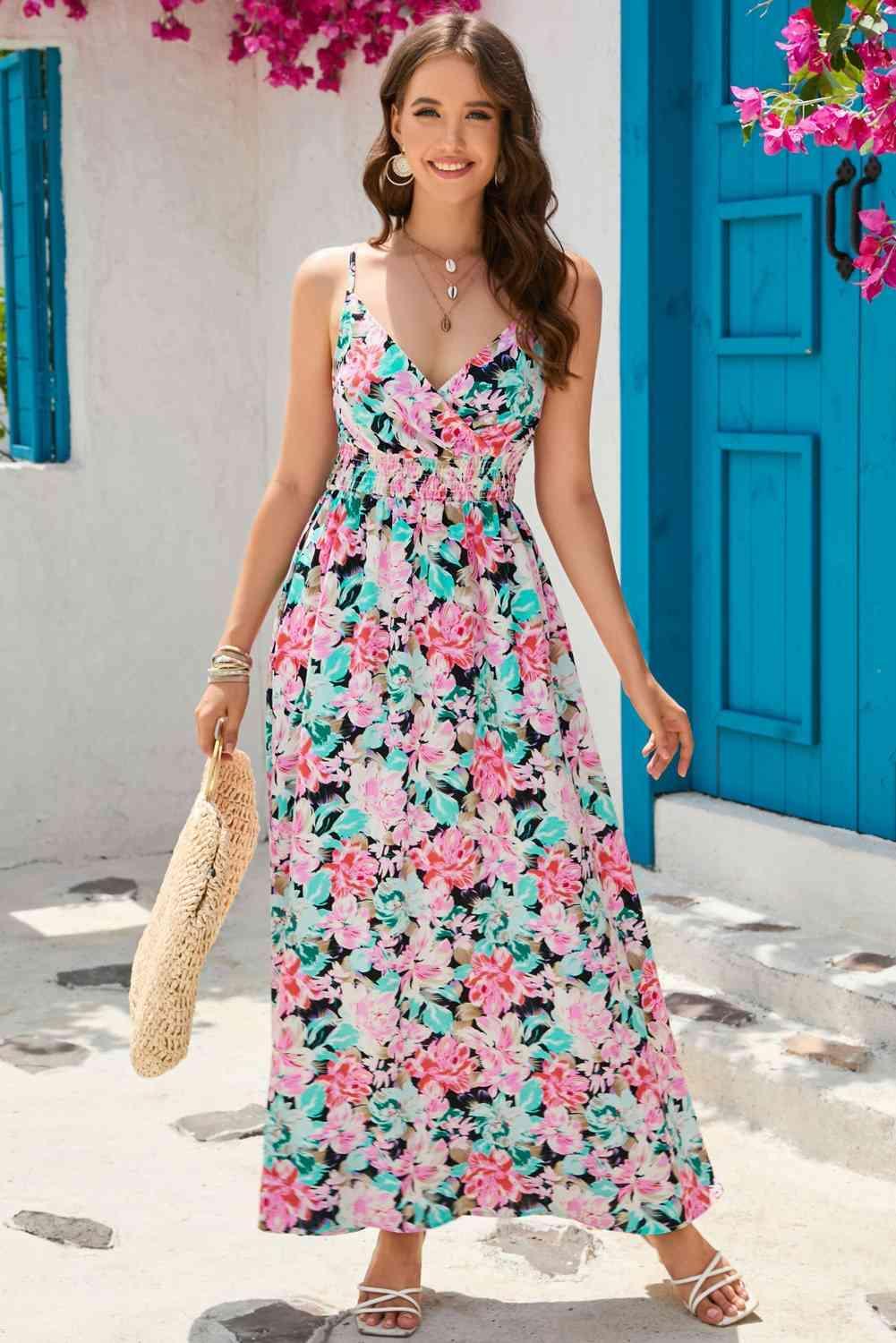 Floral Spaghetti Strap Surplice Neck Maxi Dress - 808Lush