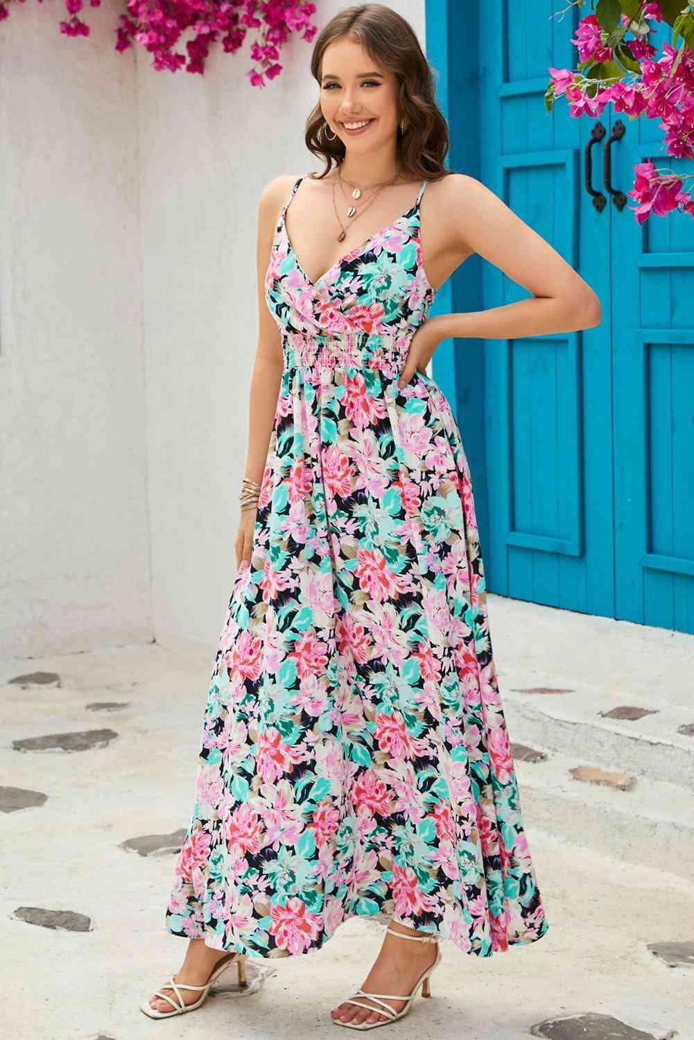 Floral Spaghetti Strap Surplice Neck Maxi Dress - 808Lush