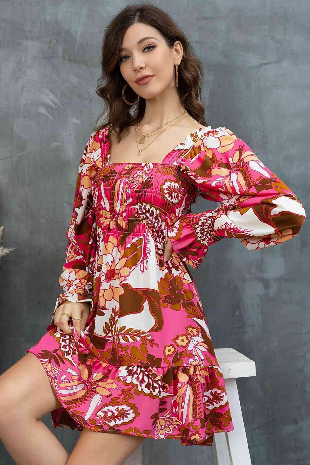 Floral Square Neck Flounce Sleeve Mini Dress - 808Lush