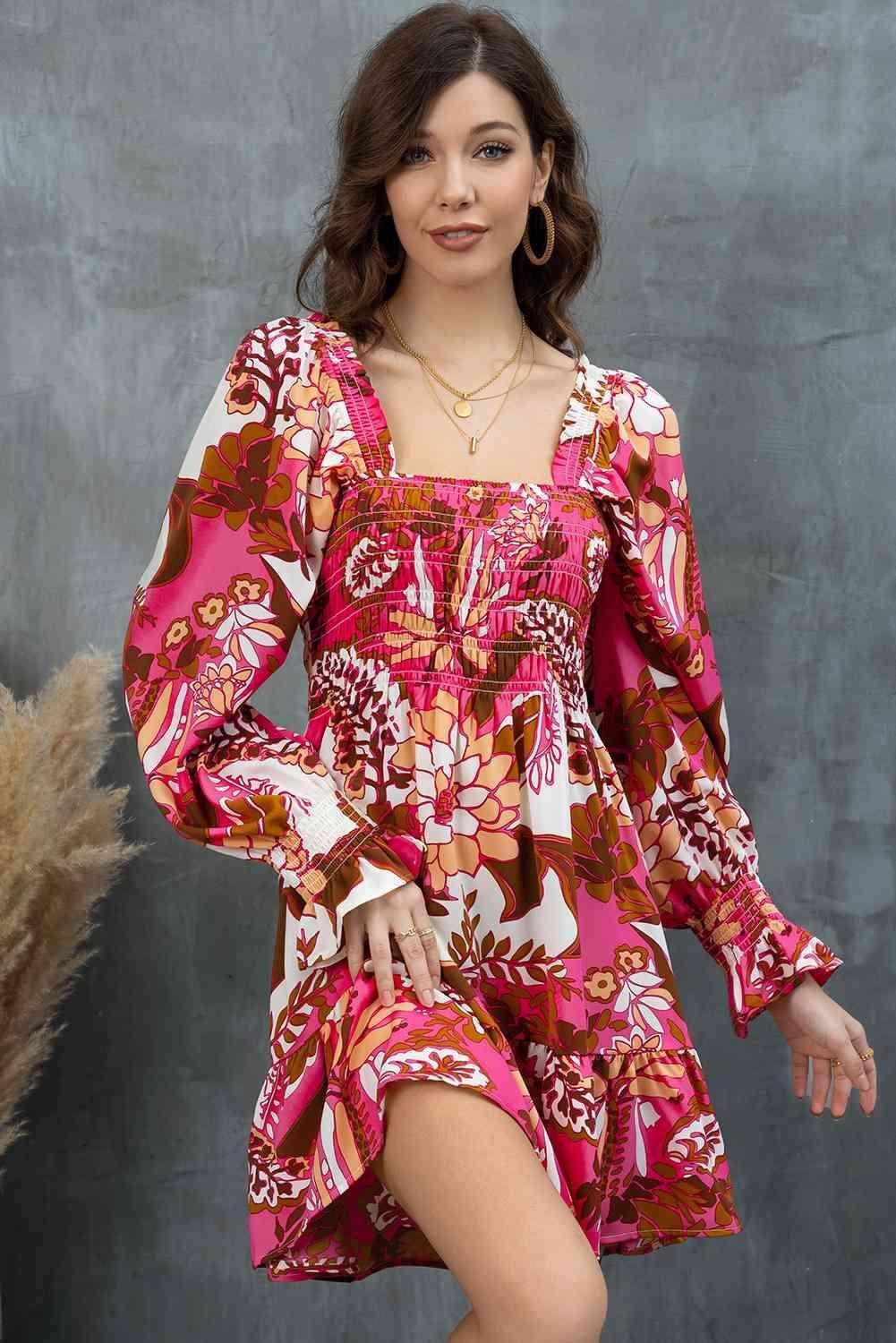 Floral Square Neck Flounce Sleeve Mini Dress - 808Lush