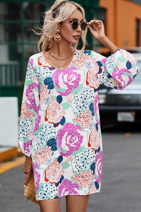 Floral V-Neck Long Sleeve Dress - 808Lush