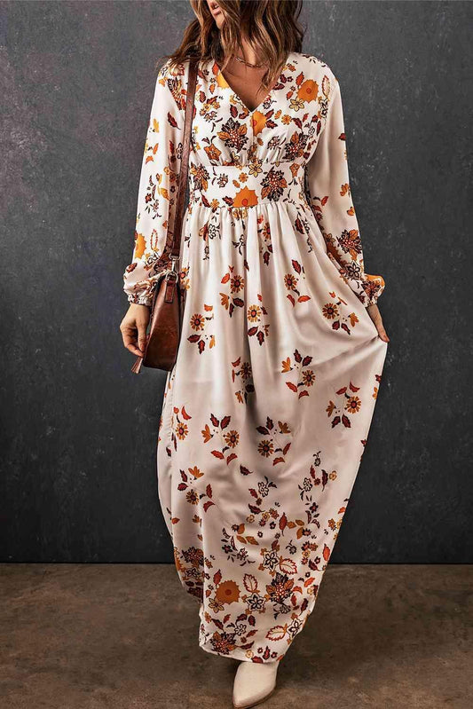 Floral V-Neck Long Sleeve Maxi Dress - 808Lush