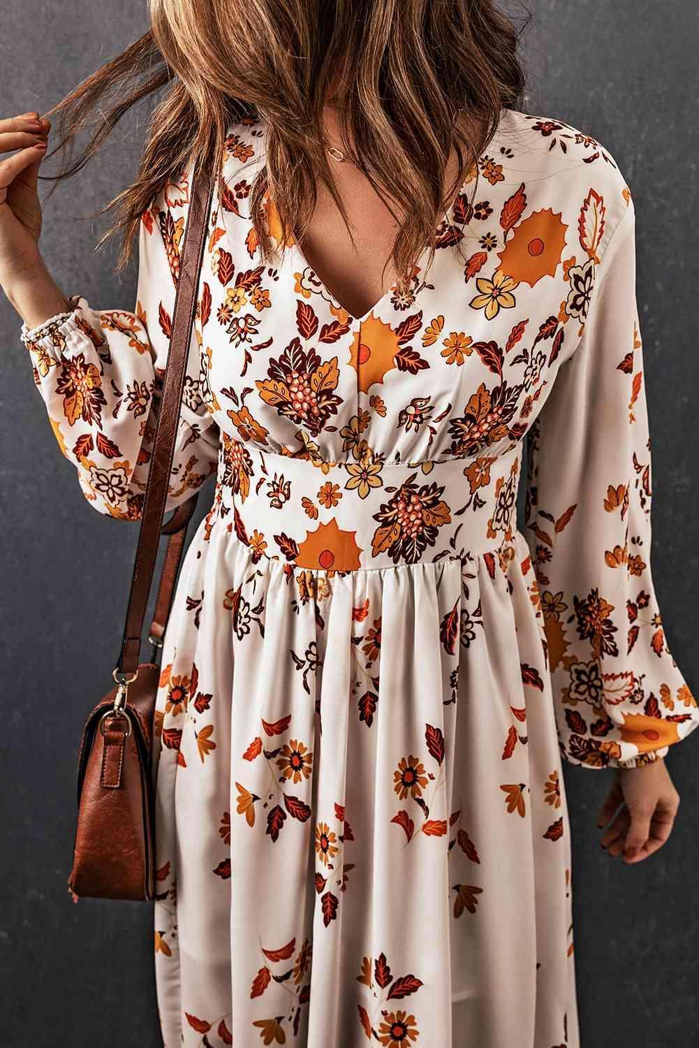 Floral V-Neck Long Sleeve Maxi Dress - 808Lush