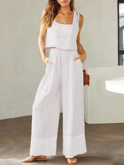 French Loose Casual Wide Leg Pants Square Collar Vest Cotton Linen Suit - 808Lush