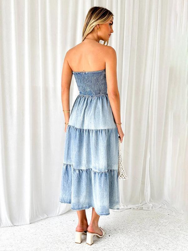 Fresh and sweet hem spliced side slit strapless cake denim long dress - 808Lush