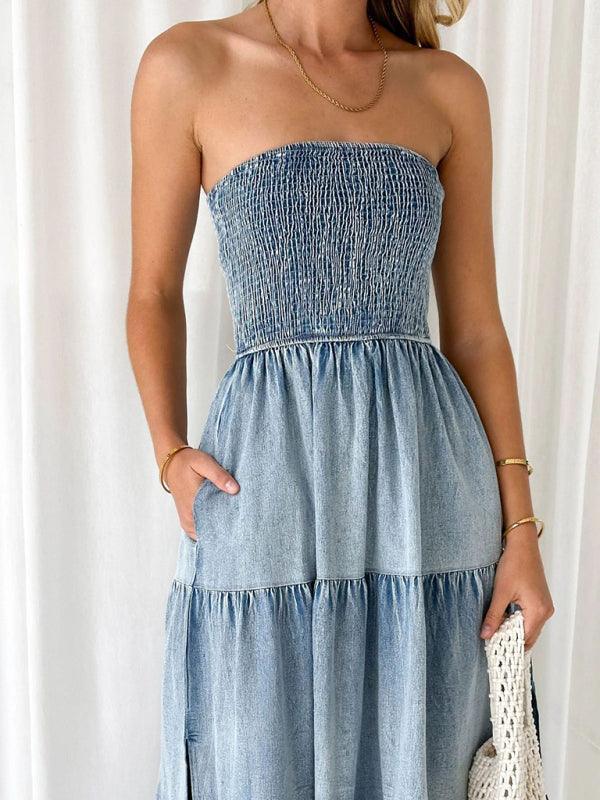 Fresh and sweet hem spliced side slit strapless cake denim long dress - 808Lush