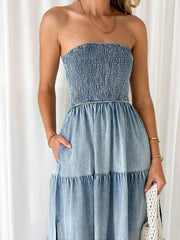 Fresh and sweet hem spliced side slit strapless cake denim long dress - 808Lush