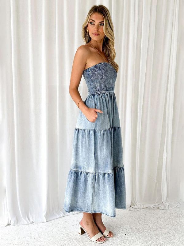 Fresh and sweet hem spliced side slit strapless cake denim long dress - 808Lush