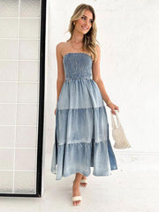 Fresh and sweet hem spliced side slit strapless cake denim long dress - 808Lush