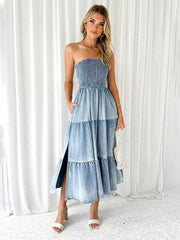 Fresh and sweet hem spliced side slit strapless cake denim long dress - 808Lush