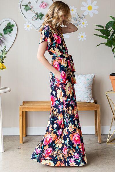 Full Size Floral Surplice Tie Waist Maxi Dress - 808Lush