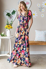 Full Size Floral Surplice Tie Waist Maxi Dress - 808Lush