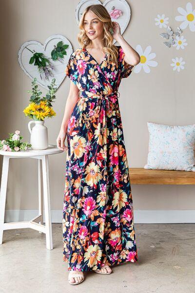 Full Size Floral Surplice Tie Waist Maxi Dress - 808Lush