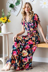 Full Size Floral Surplice Tie Waist Maxi Dress - 808Lush