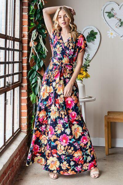 Full Size Floral Surplice Tie Waist Maxi Dress - 808Lush