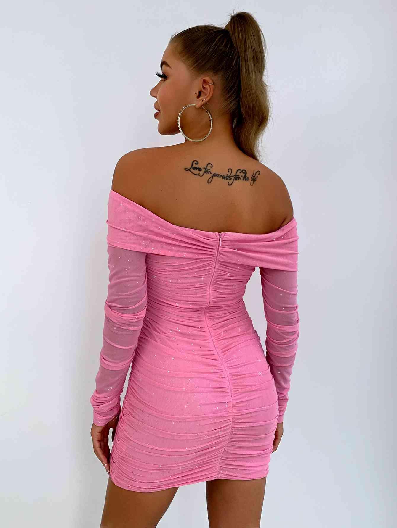 Glitter Ruched Off-Shoulder Long Sleeve Bodycon Mini Dress - 808Lush