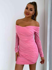 Glitter Ruched Off-Shoulder Long Sleeve Bodycon Mini Dress - 808Lush