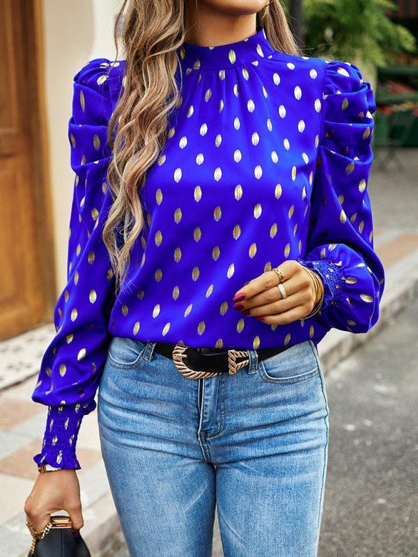 Gold Dot Print Temperament commuting round neck long-sleeved blouse - 808Lush