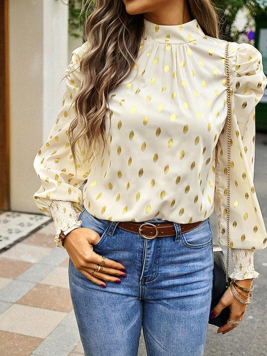 Gold Dot Print Temperament commuting round neck long-sleeved blouse - 808Lush