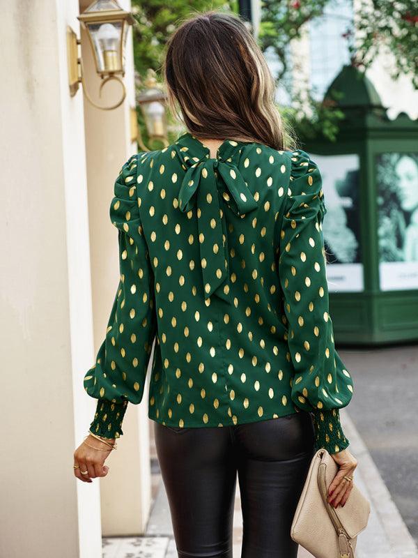 Gold Dot Print Temperament commuting round neck long-sleeved blouse - 808Lush