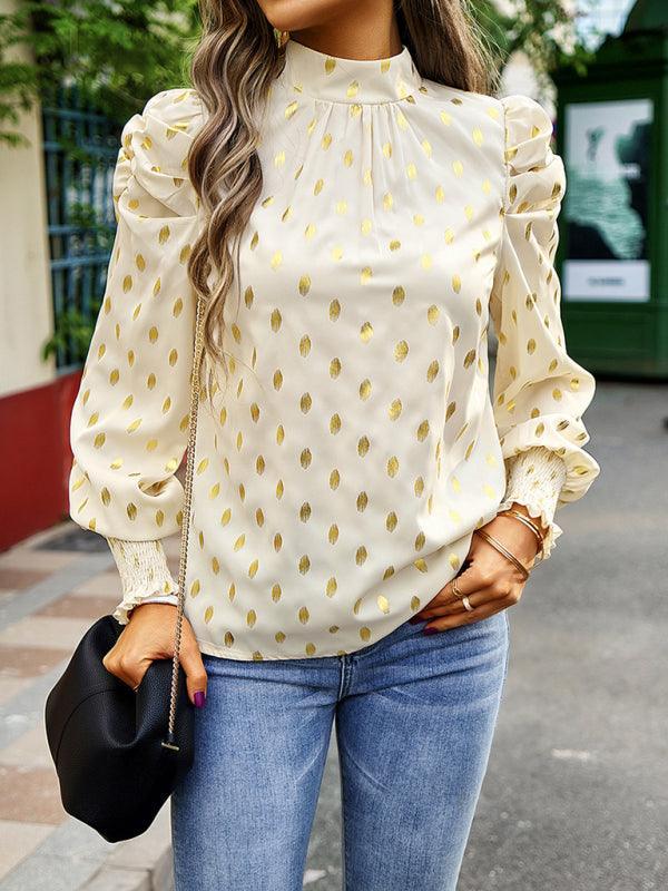 Gold Dot Print Temperament commuting round neck long-sleeved blouse - 808Lush