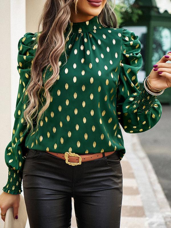 Gold Dot Print Temperament commuting round neck long-sleeved blouse - 808Lush