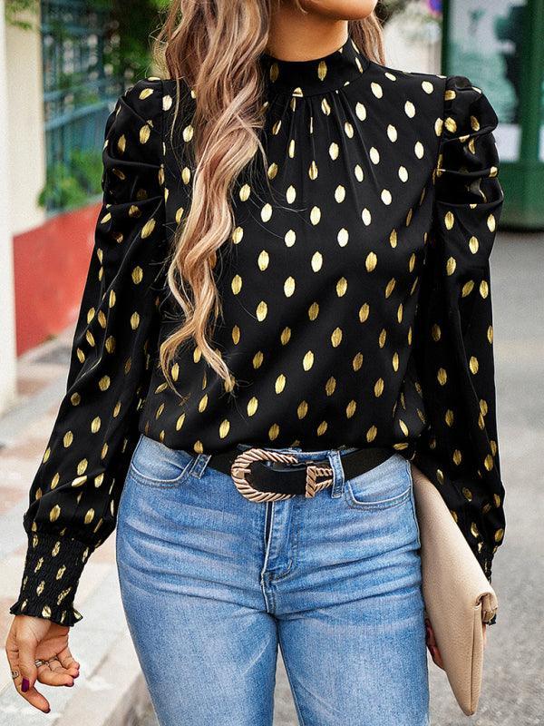 Gold Dot Print Temperament commuting round neck long-sleeved blouse - 808Lush