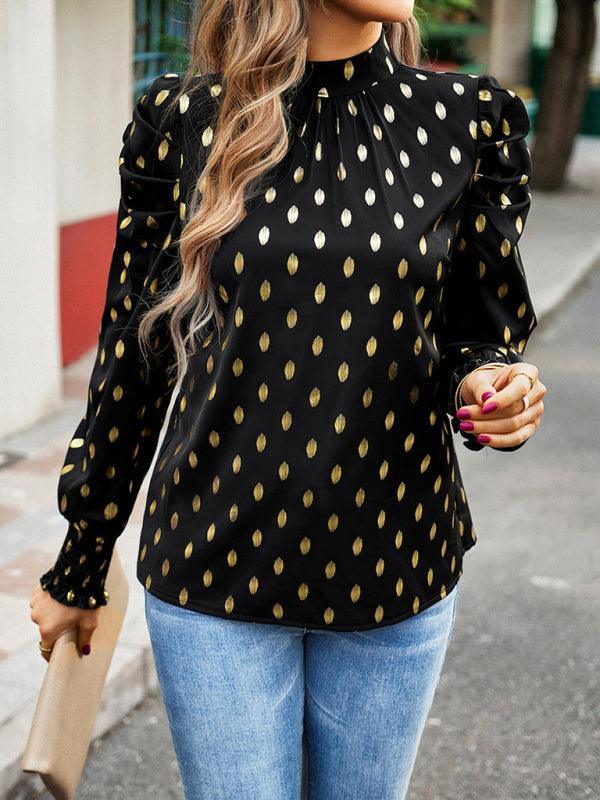 Gold Dot Print Temperament commuting round neck long-sleeved blouse - 808Lush