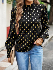 Gold Dot Print Temperament commuting round neck long-sleeved blouse - 808Lush