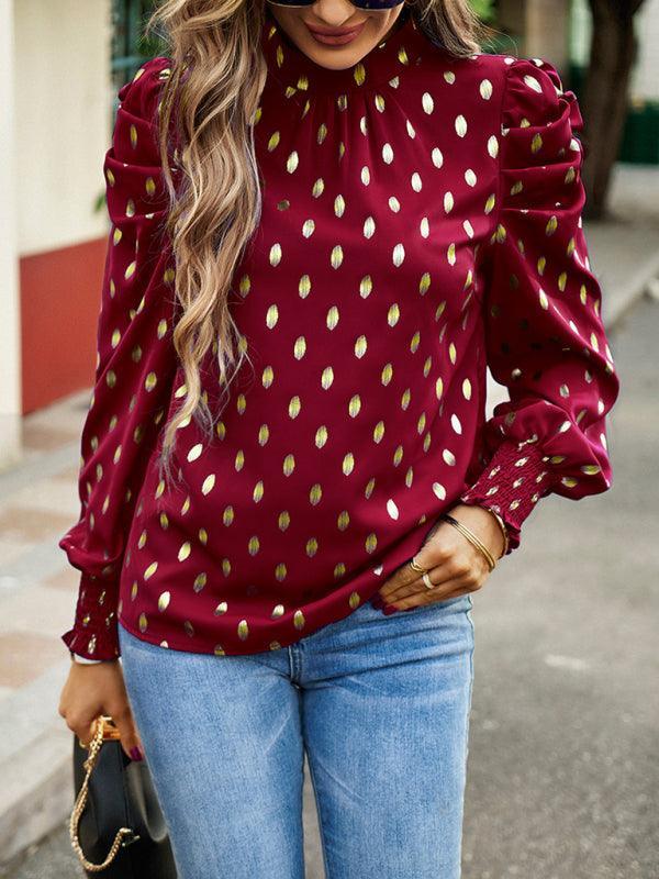 Gold Dot Print Temperament commuting round neck long-sleeved blouse - 808Lush