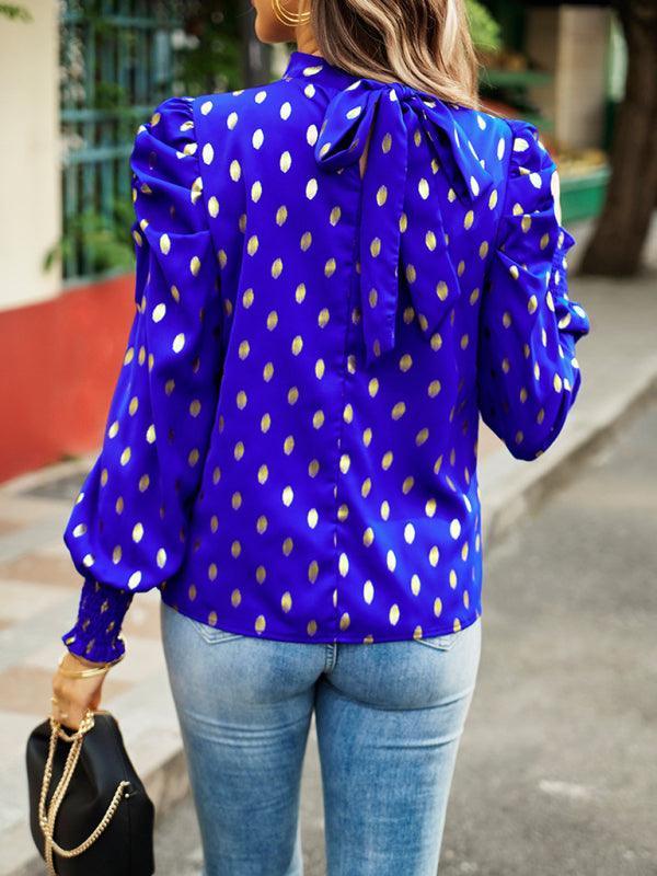 Gold Dot Print Temperament commuting round neck long-sleeved blouse - 808Lush