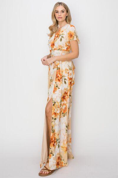 HYFVE Floral Tie Back Short Sleeve Slit Maxi Dress - 808Lush