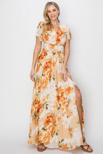 HYFVE Floral Tie Back Short Sleeve Slit Maxi Dress - 808Lush