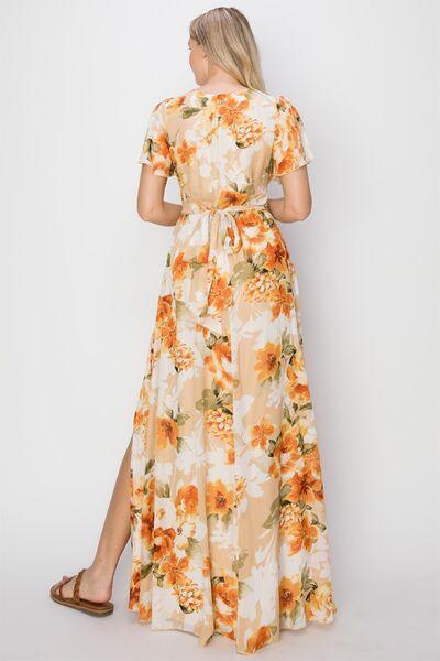 HYFVE Floral Tie Back Short Sleeve Slit Maxi Dress - 808Lush