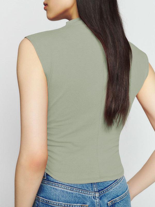 Half-high collar casual all-match vest short shirred polyester-cotton shirt - 808Lush