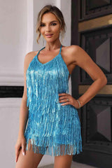 Halter Neck Backless Fringe Mini Dress - 808Lush