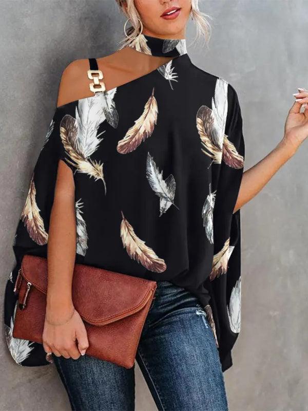 Halter Neck Dolman Sleeve Print Shirt Ladies Shirt Women's Clothing - 808Lush