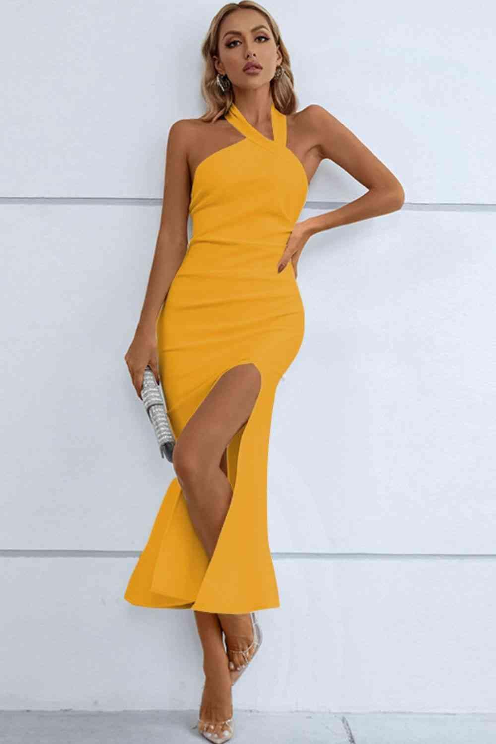 Halter Neck Split Fishtail Bodycon Dress - 808Lush