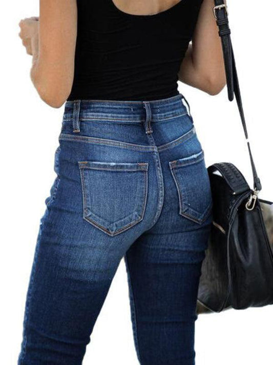 High Waist Retro Breasted Fringed Small Feet Elastic Ripped Jeans Women's Trousers - 808Lush