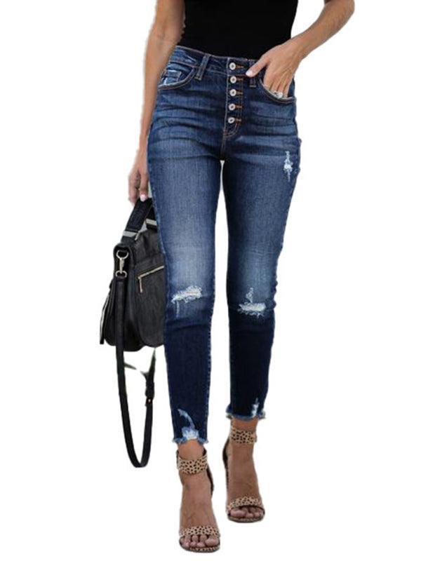 High Waist Retro Breasted Fringed Small Feet Elastic Ripped Jeans Women's Trousers - 808Lush