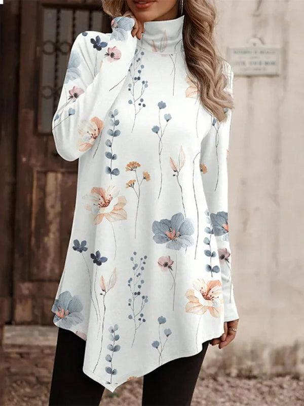 High collar bohemian print casual long sleeve T-shirt - 808Lush