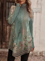 High collar bohemian print casual long sleeve T-shirt - 808Lush