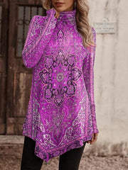 High collar bohemian print casual long sleeve T-shirt - 808Lush