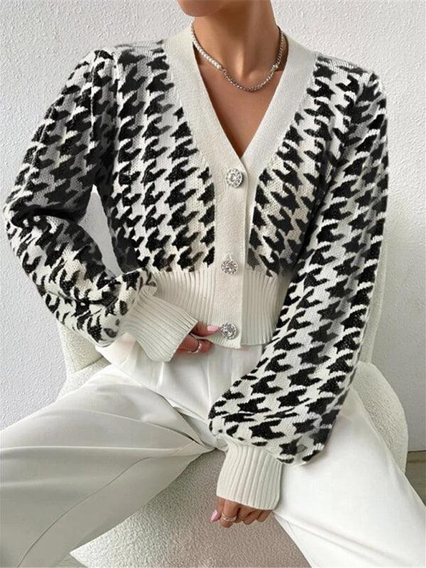 Houndstooth pattern lantern sleeve knitted cardigan sweater short coat - 808Lush