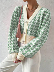 Houndstooth pattern lantern sleeve knitted cardigan sweater short coat - 808Lush