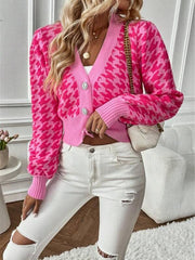 Houndstooth pattern lantern sleeve knitted cardigan sweater short coat - 808Lush