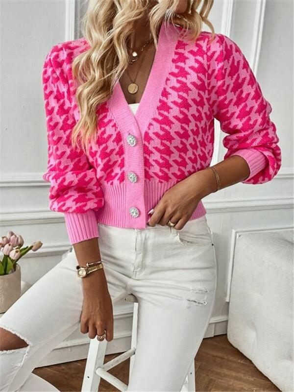 Houndstooth pattern lantern sleeve knitted cardigan sweater short coat - 808Lush