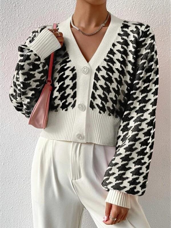 Houndstooth pattern lantern sleeve knitted cardigan sweater short coat - 808Lush