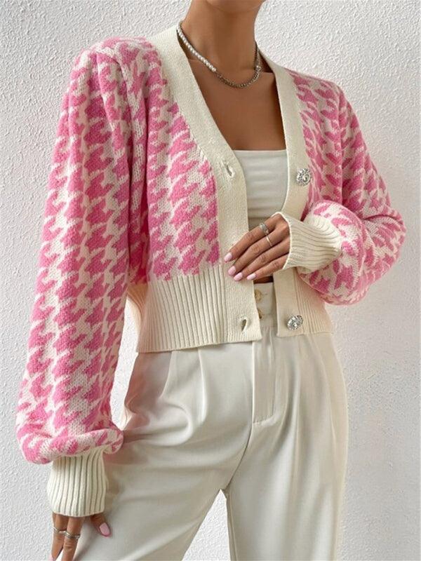 Houndstooth pattern lantern sleeve knitted cardigan sweater short coat - 808Lush